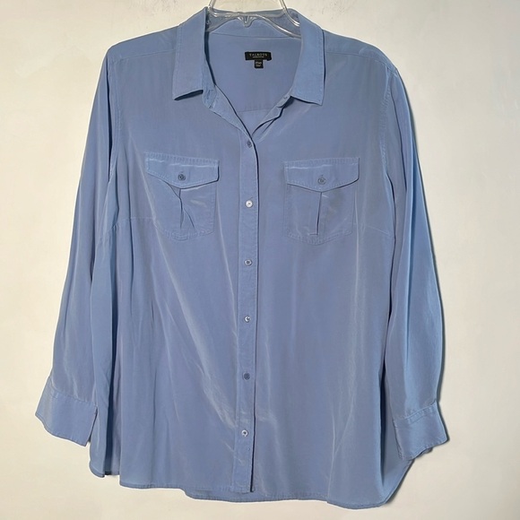 TALBOTS 100% Silk Button Down Long Tab SLV Two Pocket Sky Blue Blouse SZ 20WP - Picture 1 of 16